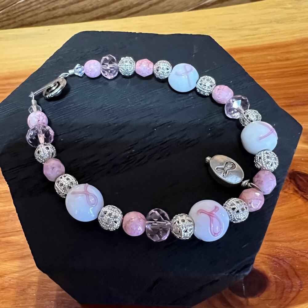 Teng Yue Pink Ribbon Breast Cancer‎ Support Beaded Bracelet White Silver Tone